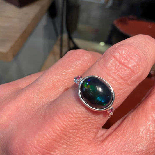 Natural black blue fire opal rhodolite Sterling Silver Ring 6.5