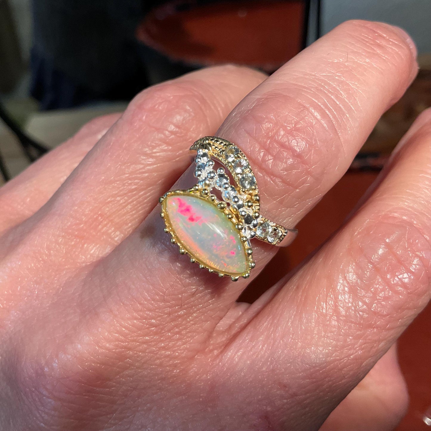 sterling silver natural rainbow opal marquis topaz  Etnika ring 8