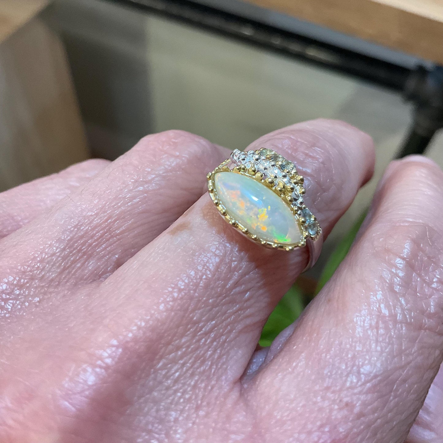 sterling silver natural rainbow opal marquis topaz  Etnika ring 8