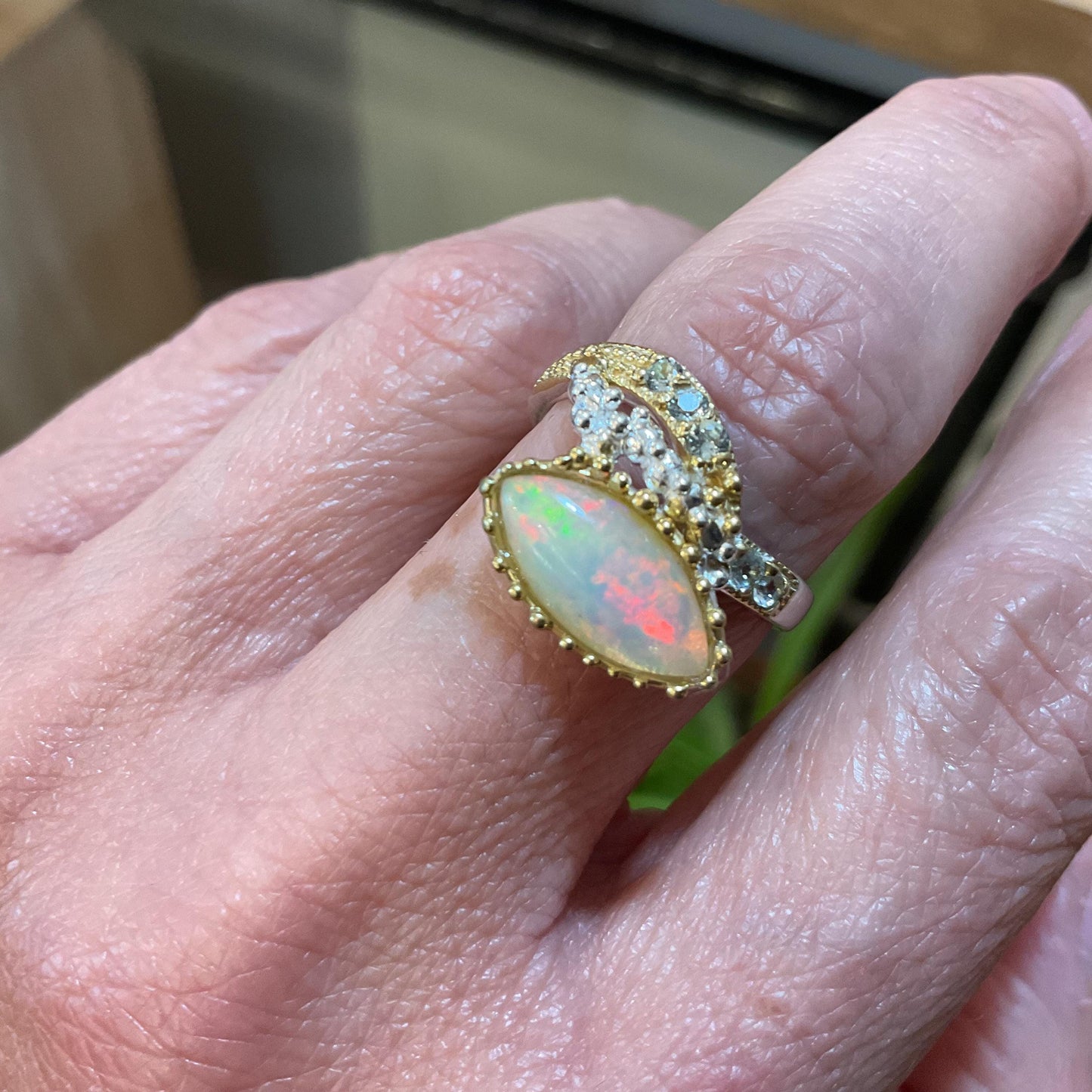 sterling silver natural rainbow opal marquis topaz  Etnika ring 8