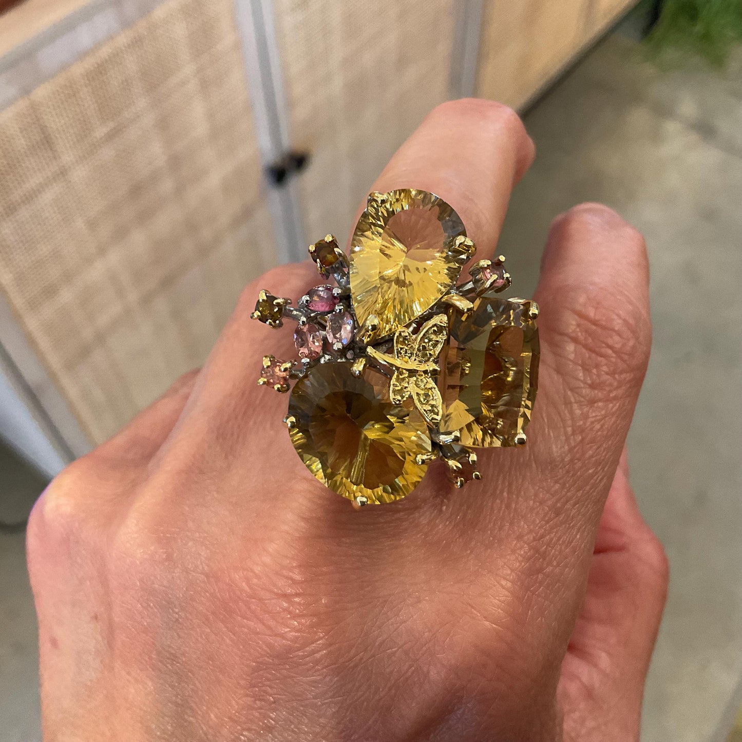 Sterling silver citrine sapphire pink tourmaline dragonfly ring 7.5