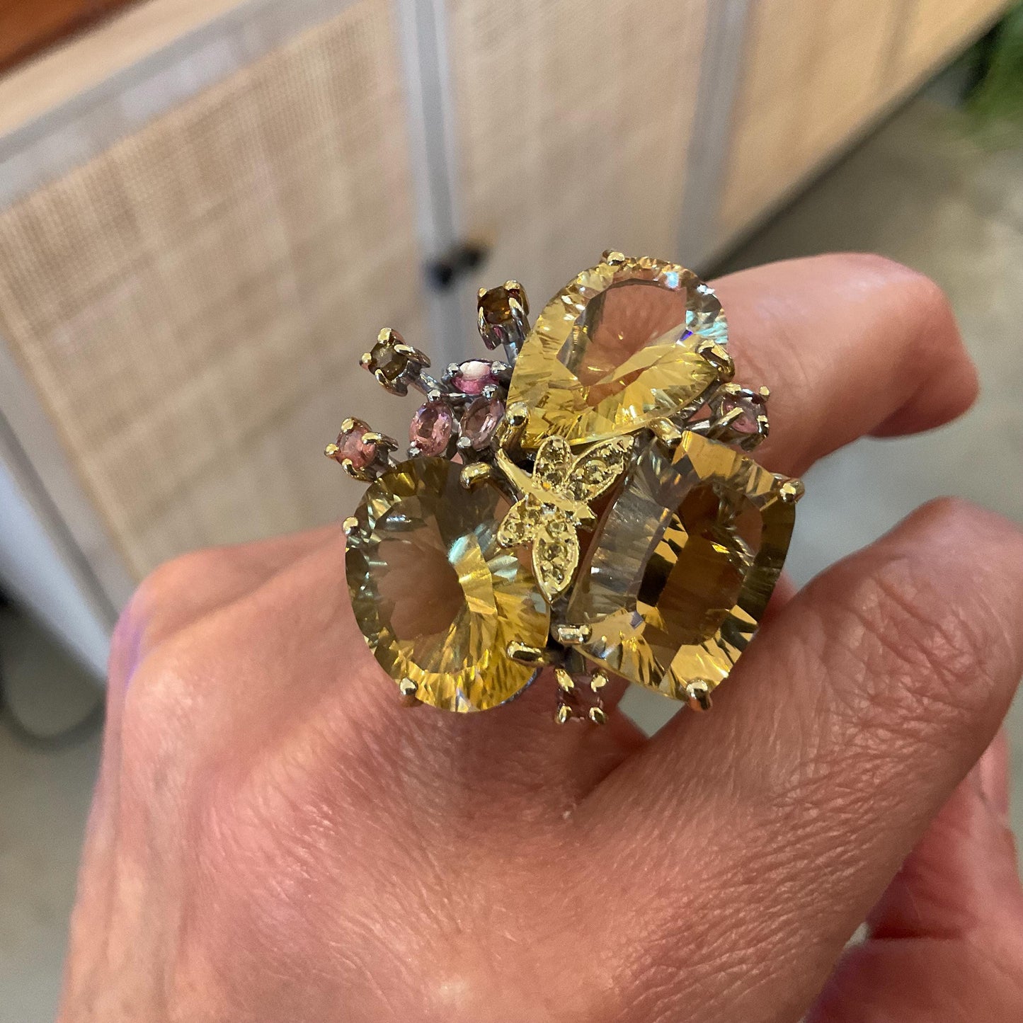 Sterling silver citrine sapphire pink tourmaline dragonfly ring 7.5