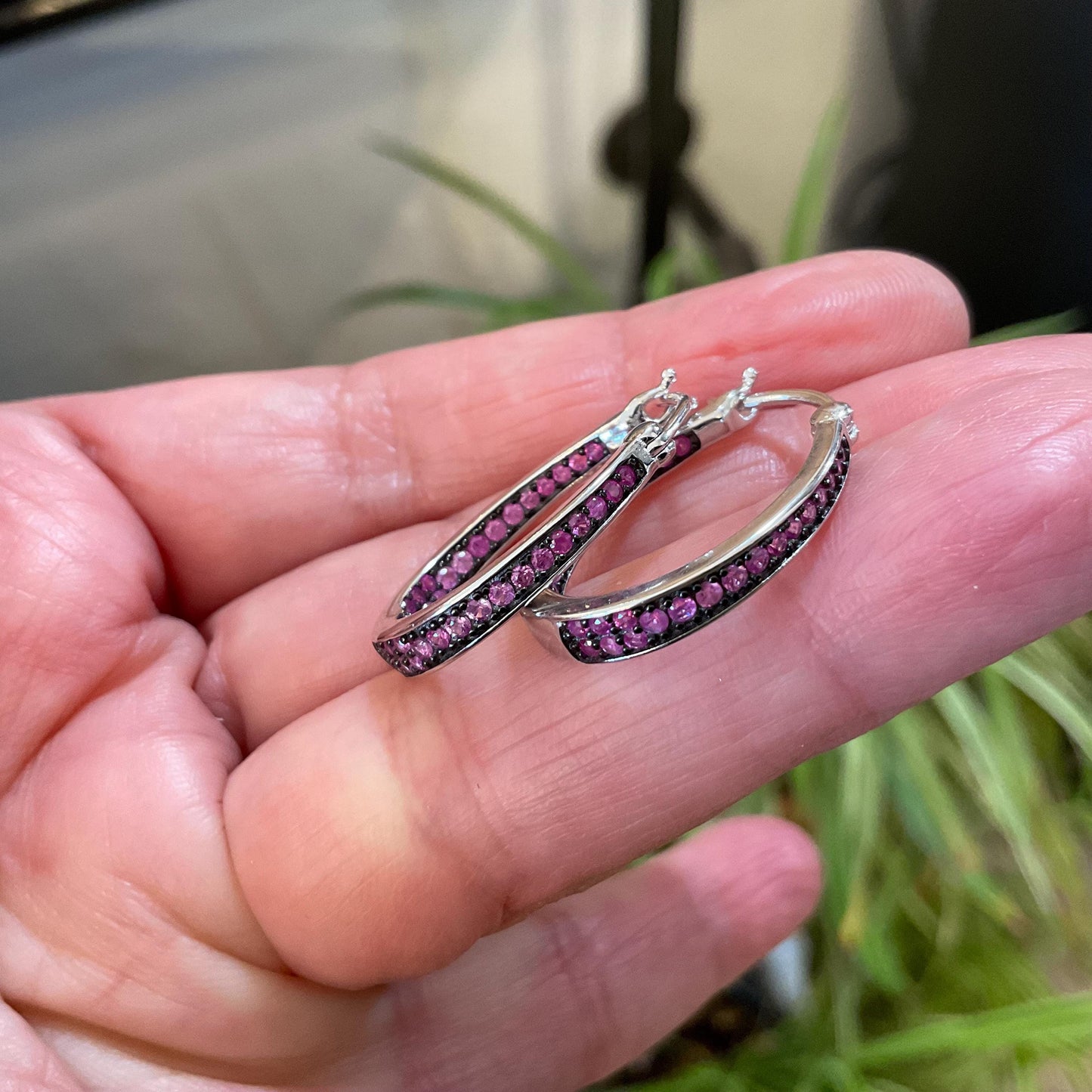 sterling silver Diamond Cut pink Sapphire small hoop earrings