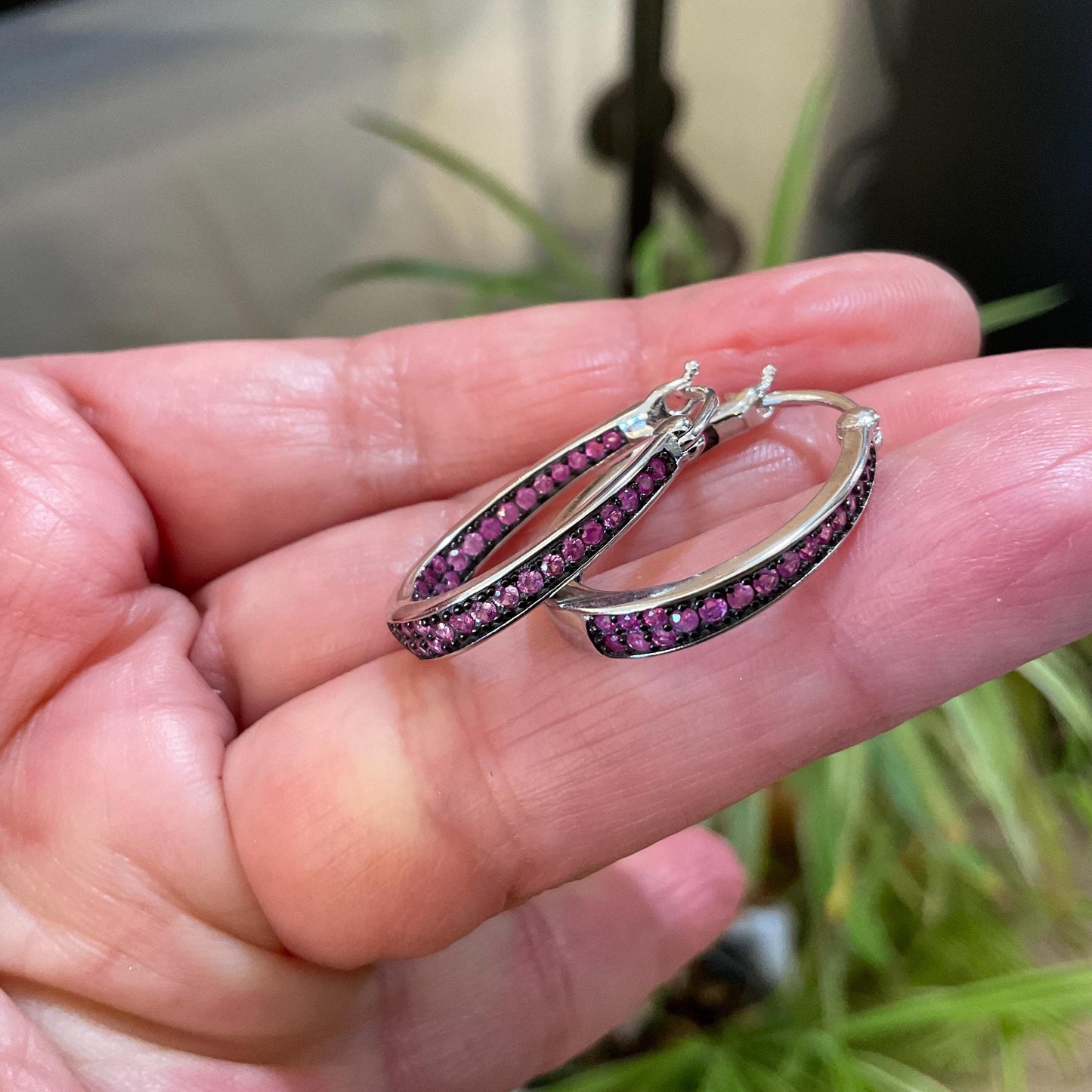 sterling silver Diamond Cut pink Sapphire small hoop earrings