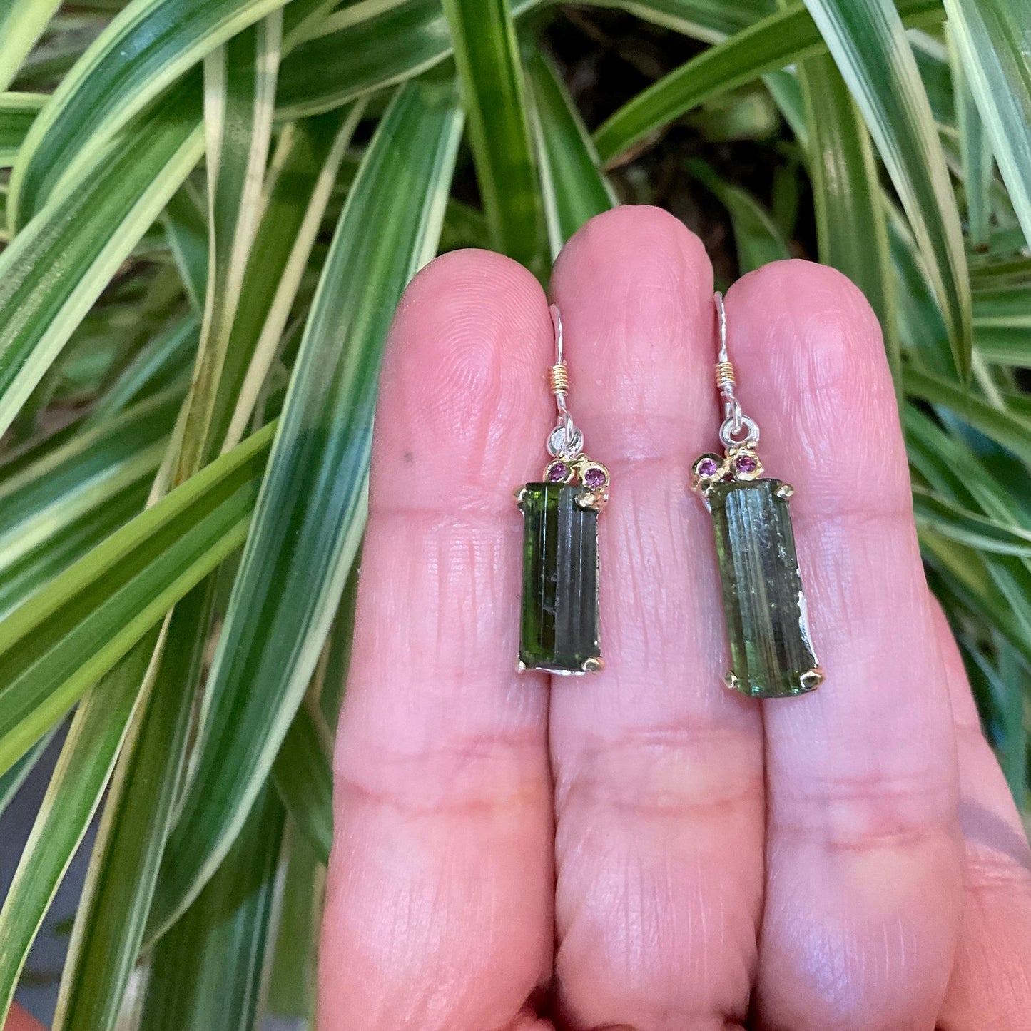 Artisan Sterling Silver rough green tourmaline dangle earrings