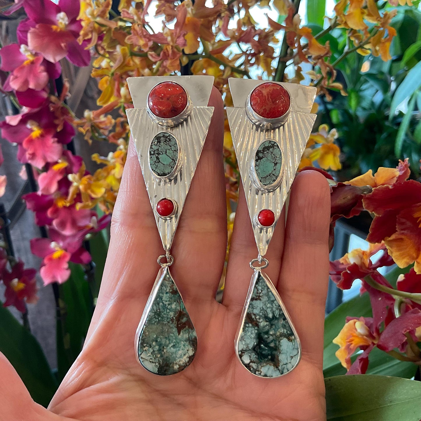 Sterling Silver turquoise coral art deco 3.5”  long dangle earrings