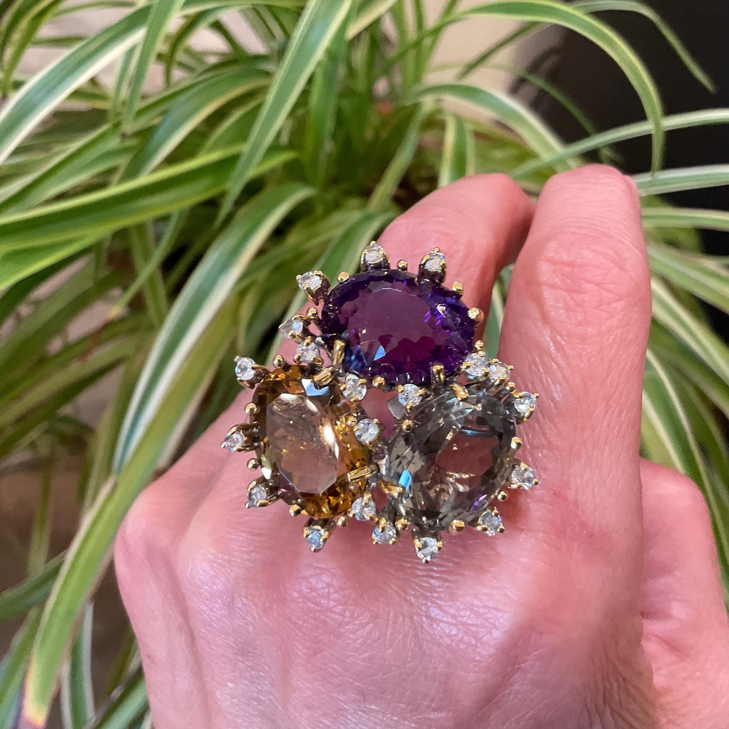 sterling Silver amethyst citrine white topaz statement Ring 9