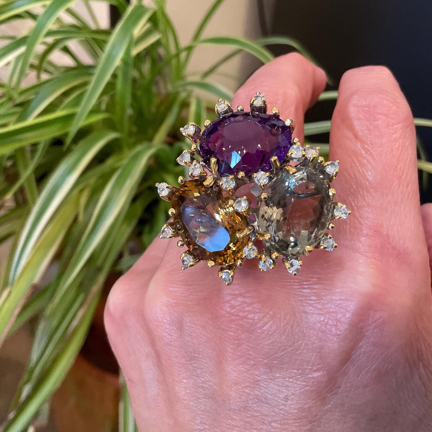 sterling Silver amethyst citrine white topaz statement Ring 9