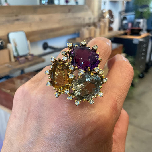 sterling Silver amethyst citrine white topaz statement Ring 9