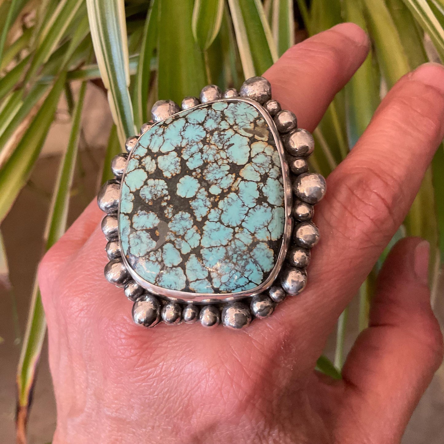 Sterling Statement spider web turquoise huge adjustable brutalist art cuff ring
