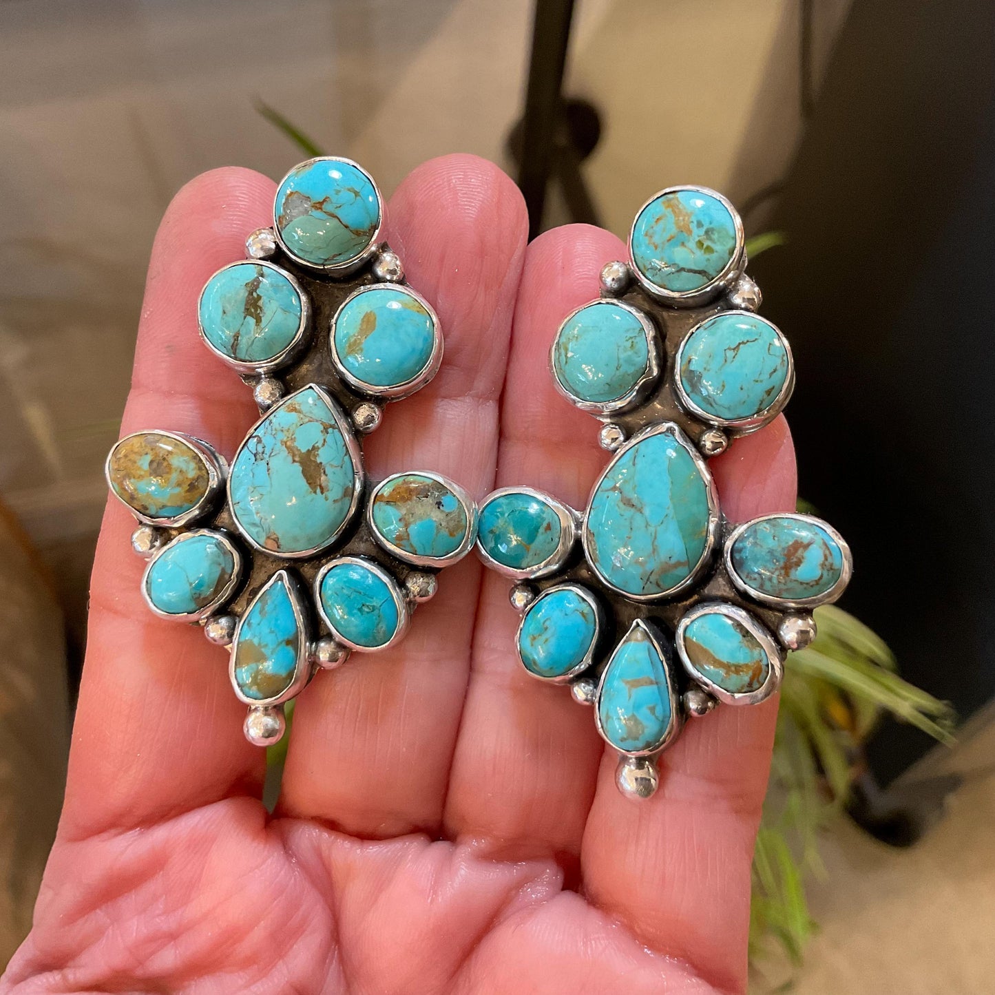 Sterling  Silver turquoise large cluster statement post earrings
