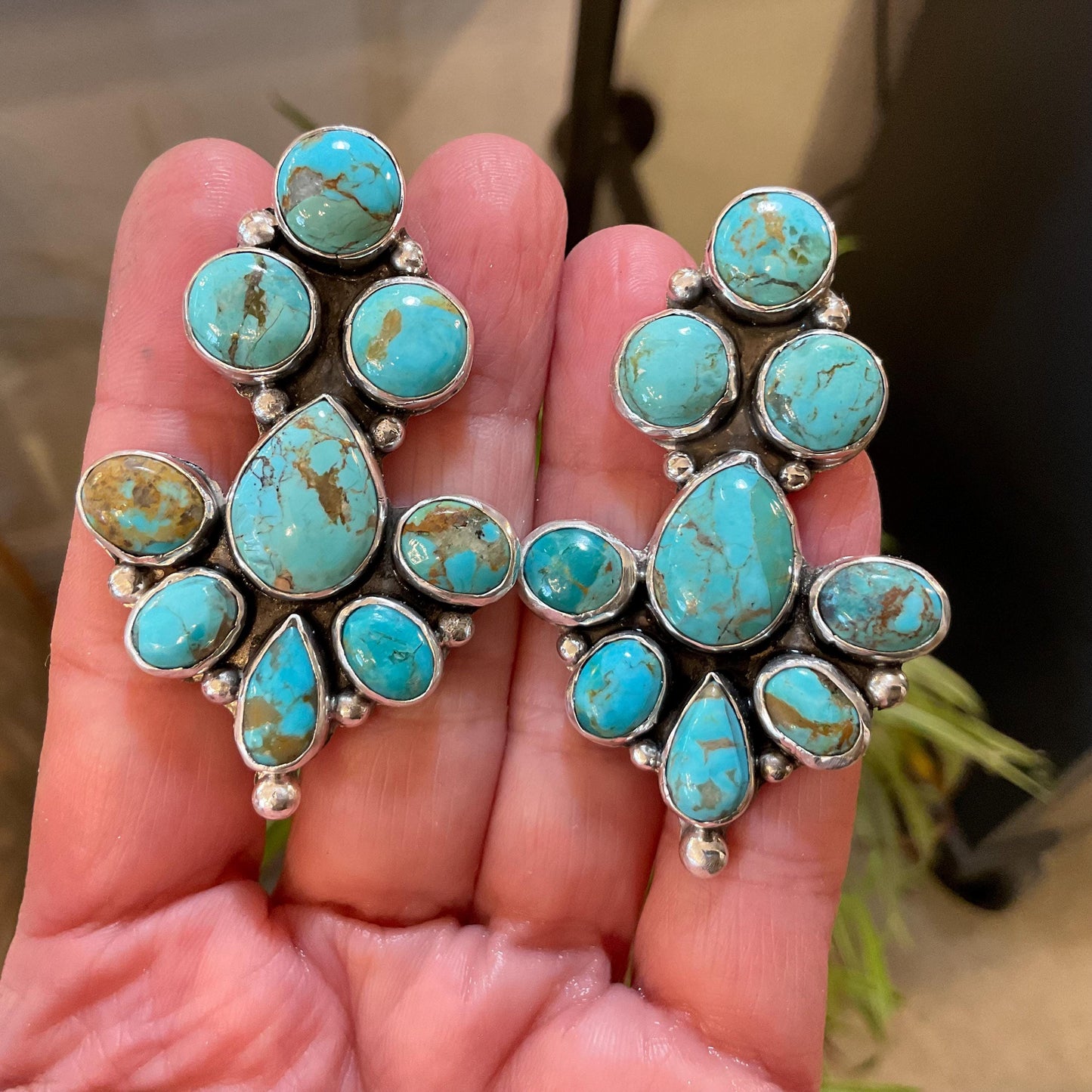 Sterling  Silver turquoise large cluster statement post earrings