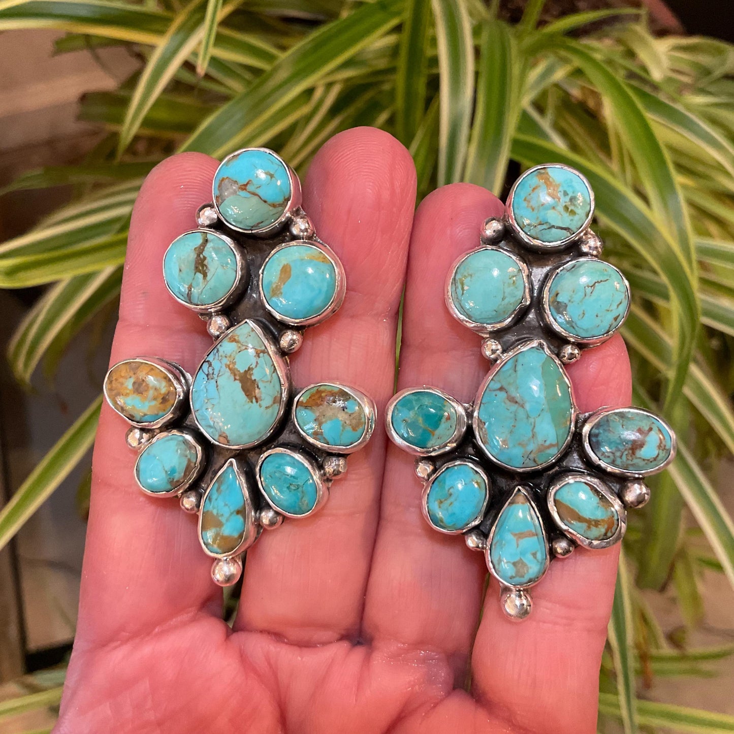Sterling  Silver turquoise large cluster statement post earrings