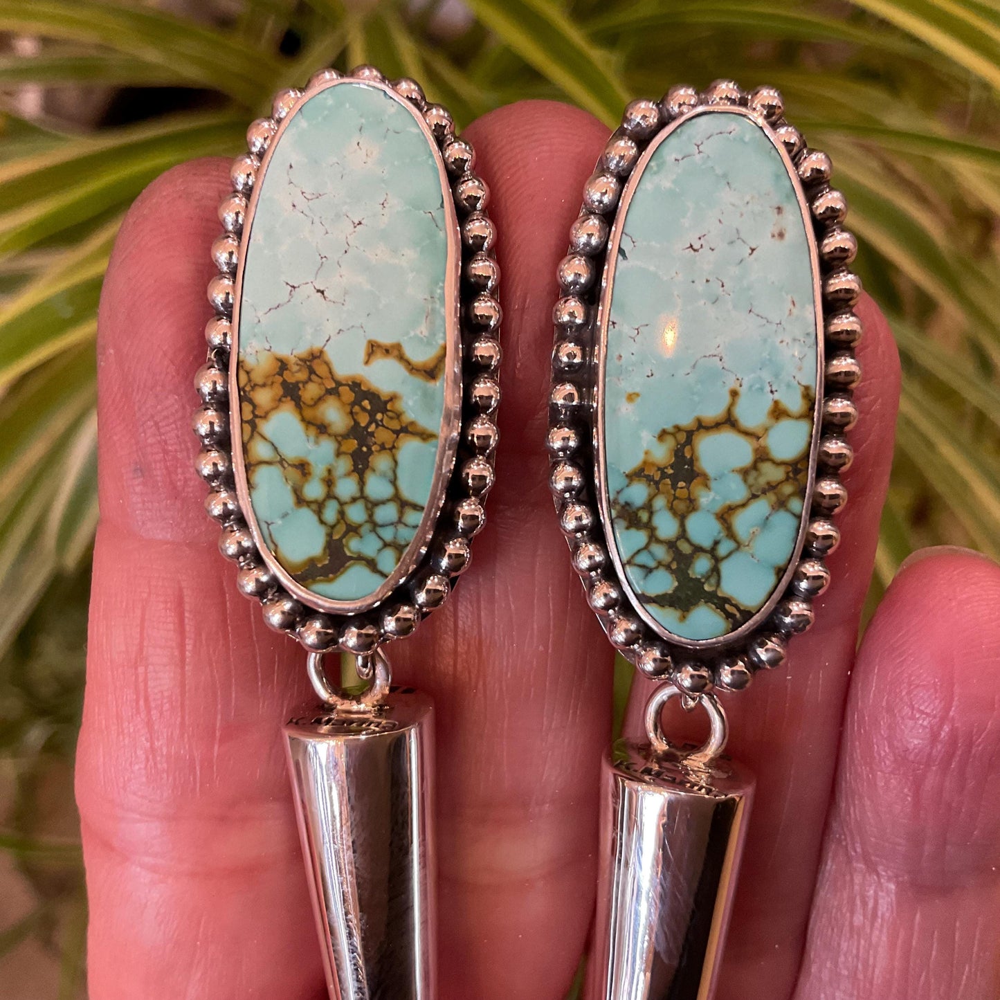 Sterling Silver large turquoise long dangle spike earrings 4.5” long