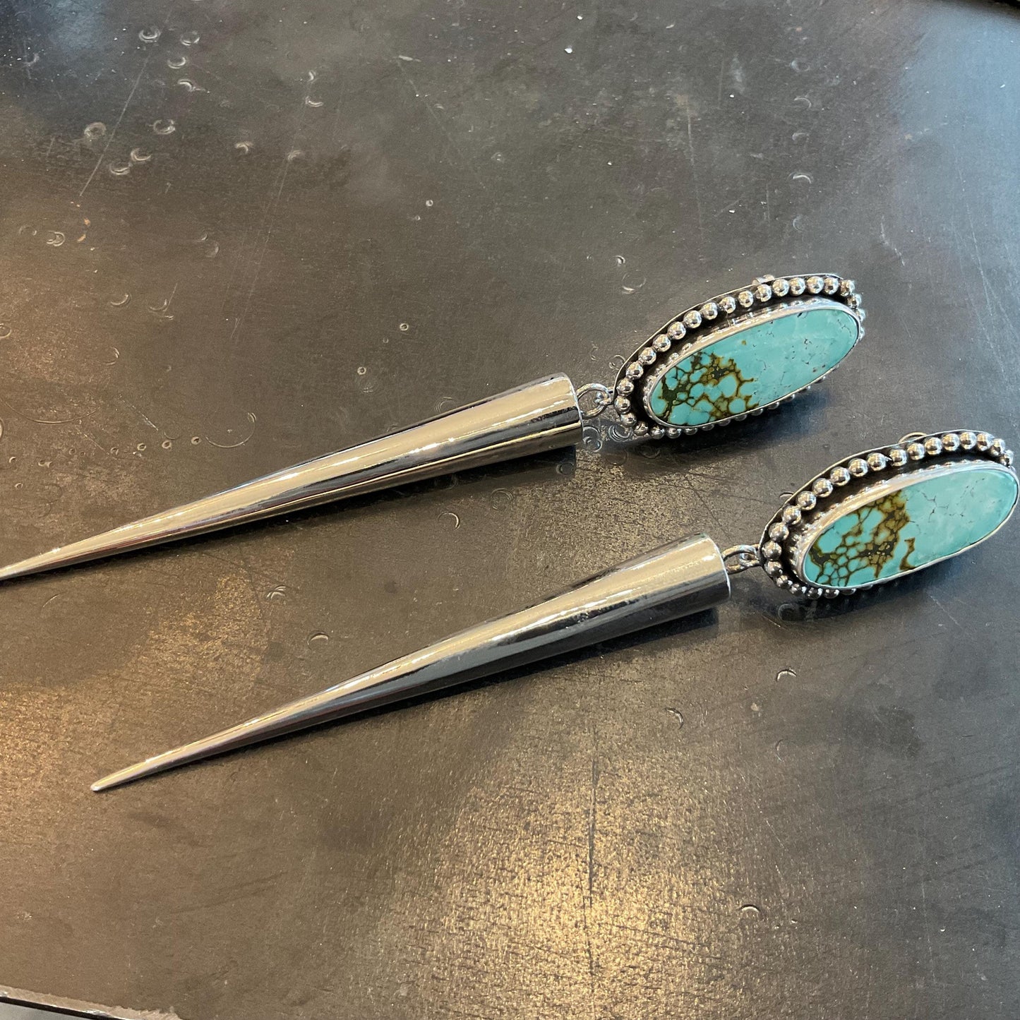 Sterling Silver large turquoise long dangle spike earrings 4.5” long