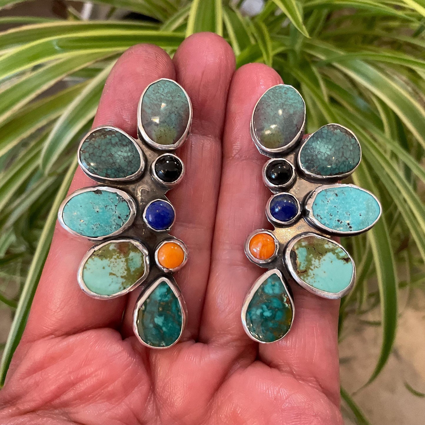 Sterling  Silver mix turquoise large cluster statement post earrings