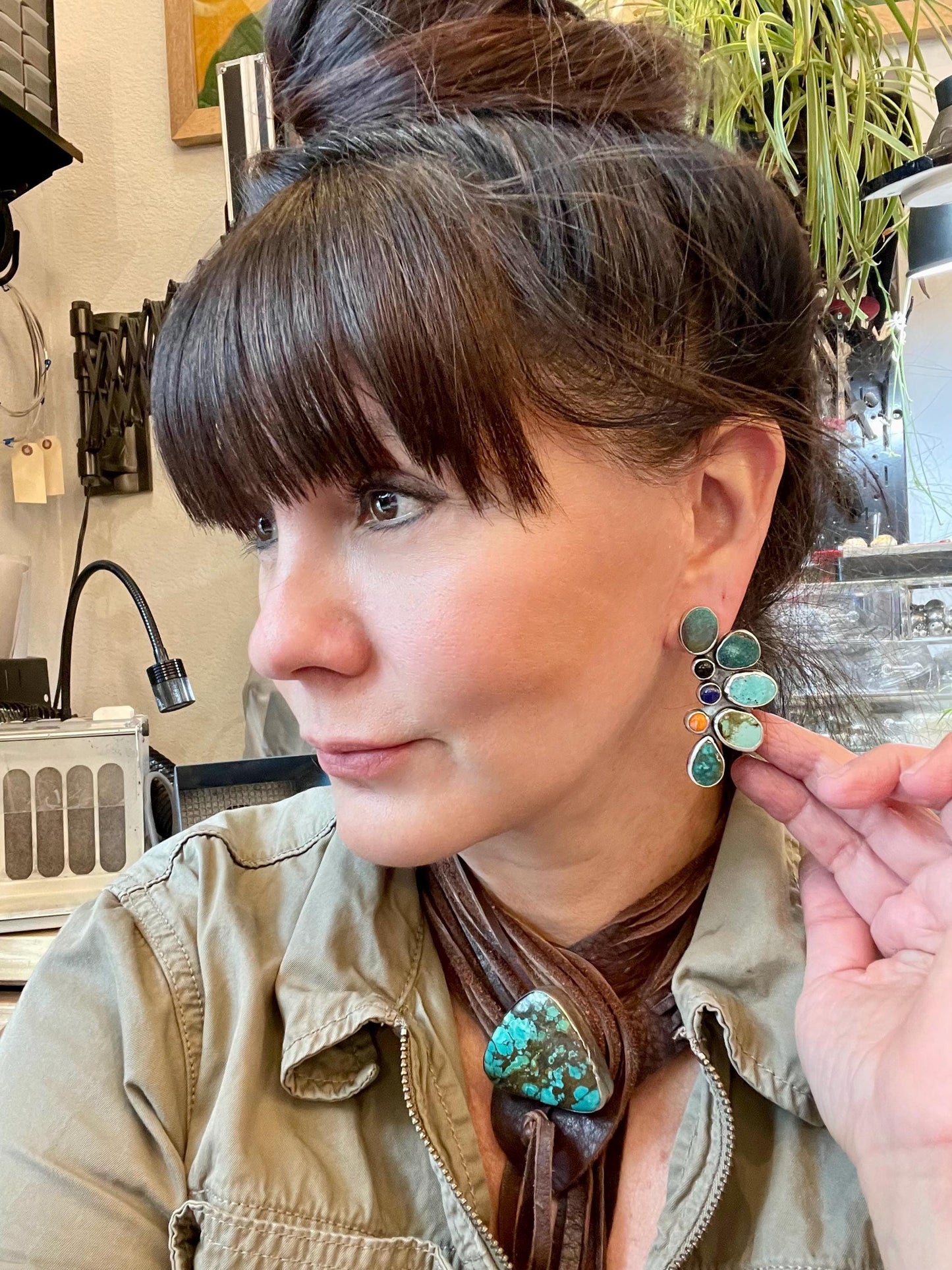 Sterling  Silver mix turquoise large cluster statement post earrings