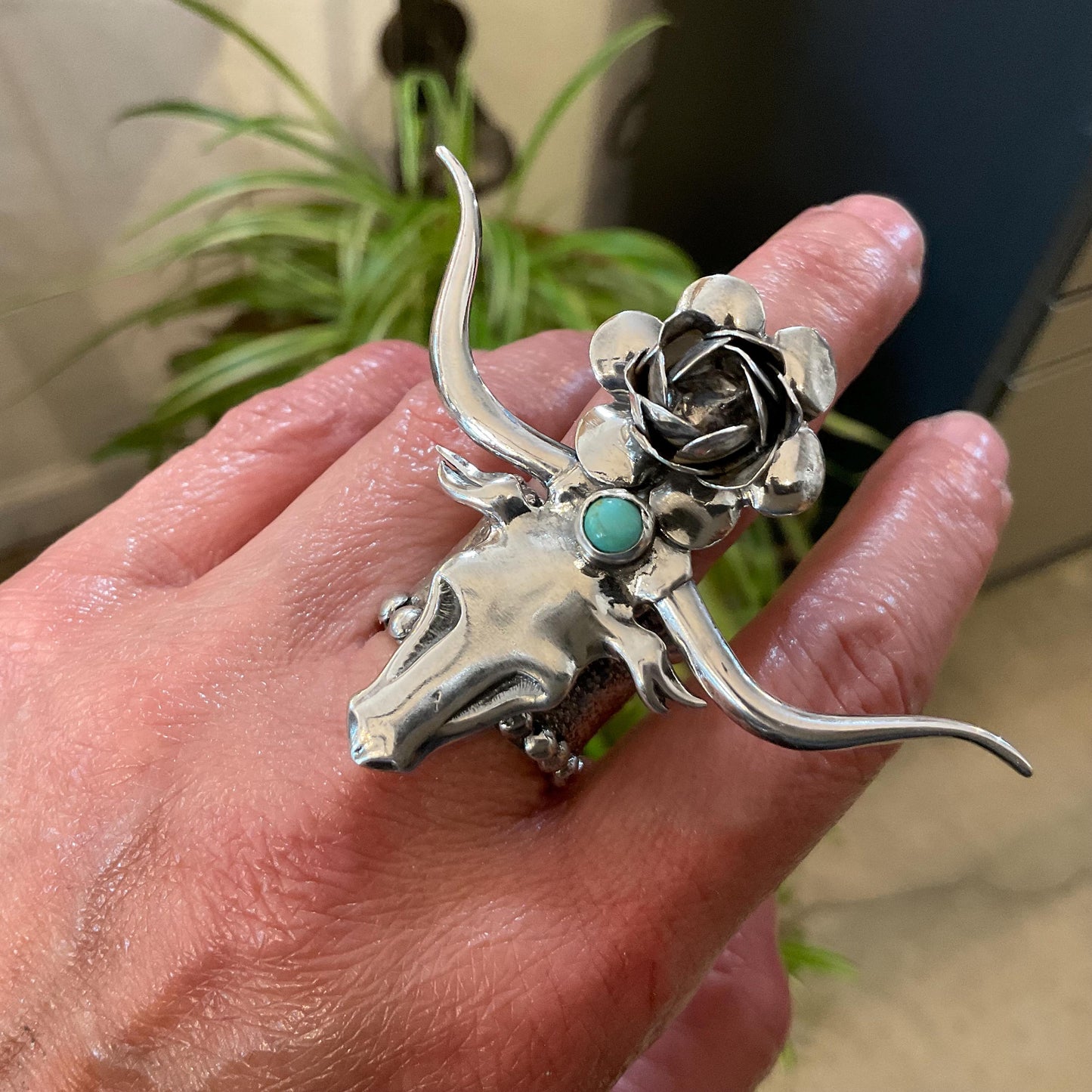 Turquoise Sterling Statement long horn wester turquoise adjustable cuff ring