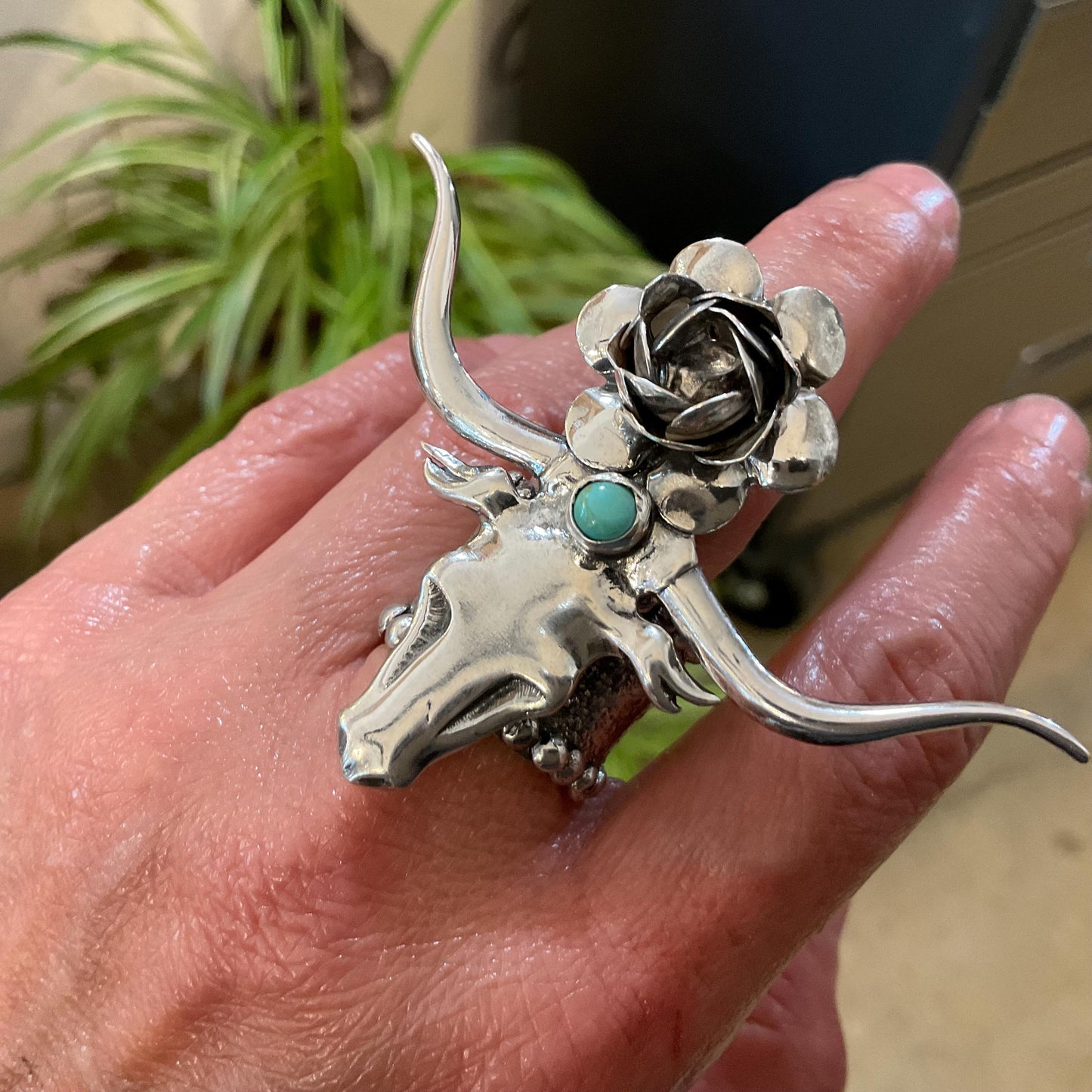Turquoise Sterling Statement long horn wester turquoise adjustable cuff ring