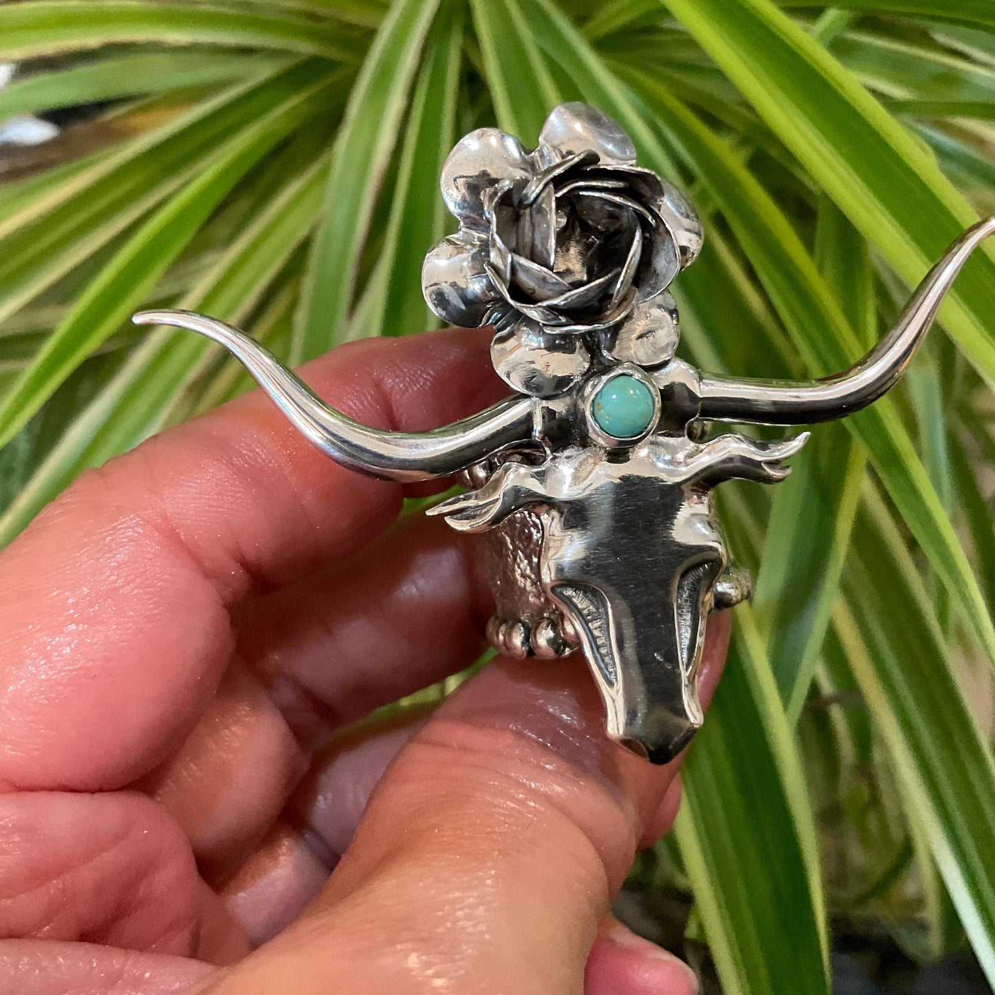 Turquoise Sterling Statement long horn wester turquoise adjustable cuff ring