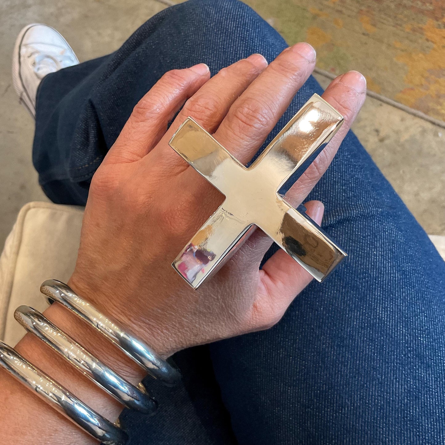 Sterling Silver Modernist oversize crossroad  cross Statement Ring 8 9 10