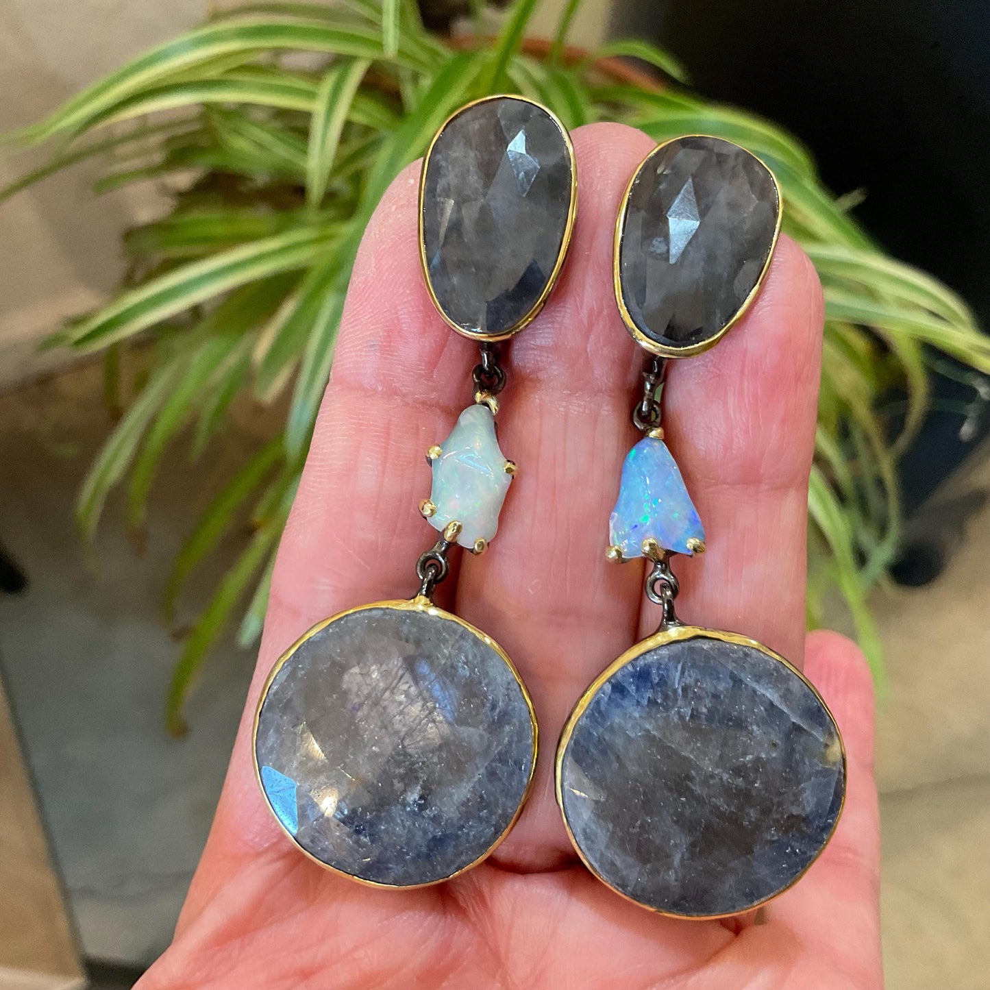 sterling silver statement natural sapphire opal large dangle earrings