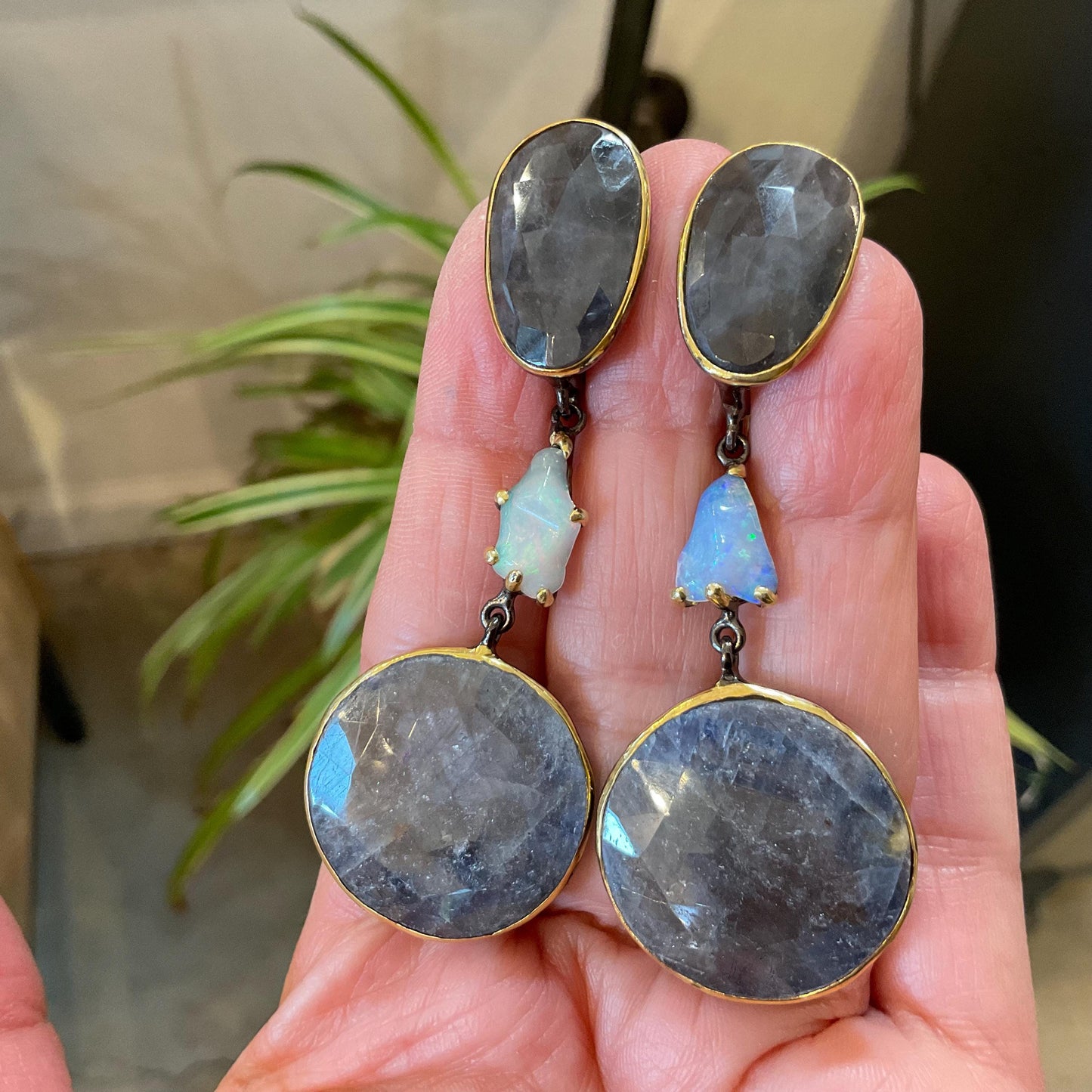 sterling silver statement natural sapphire opal large dangle earrings