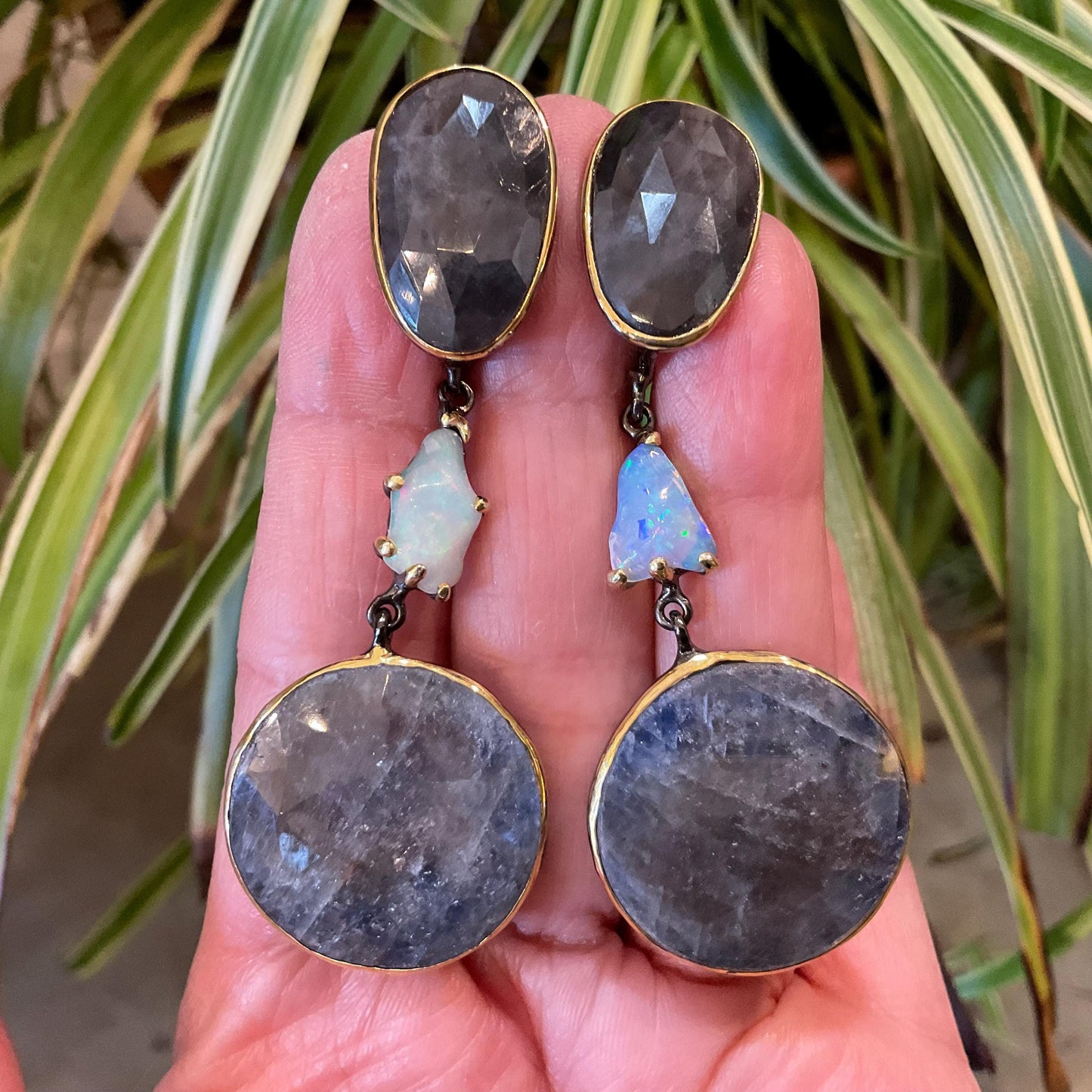 sterling silver statement natural sapphire opal large dangle earrings