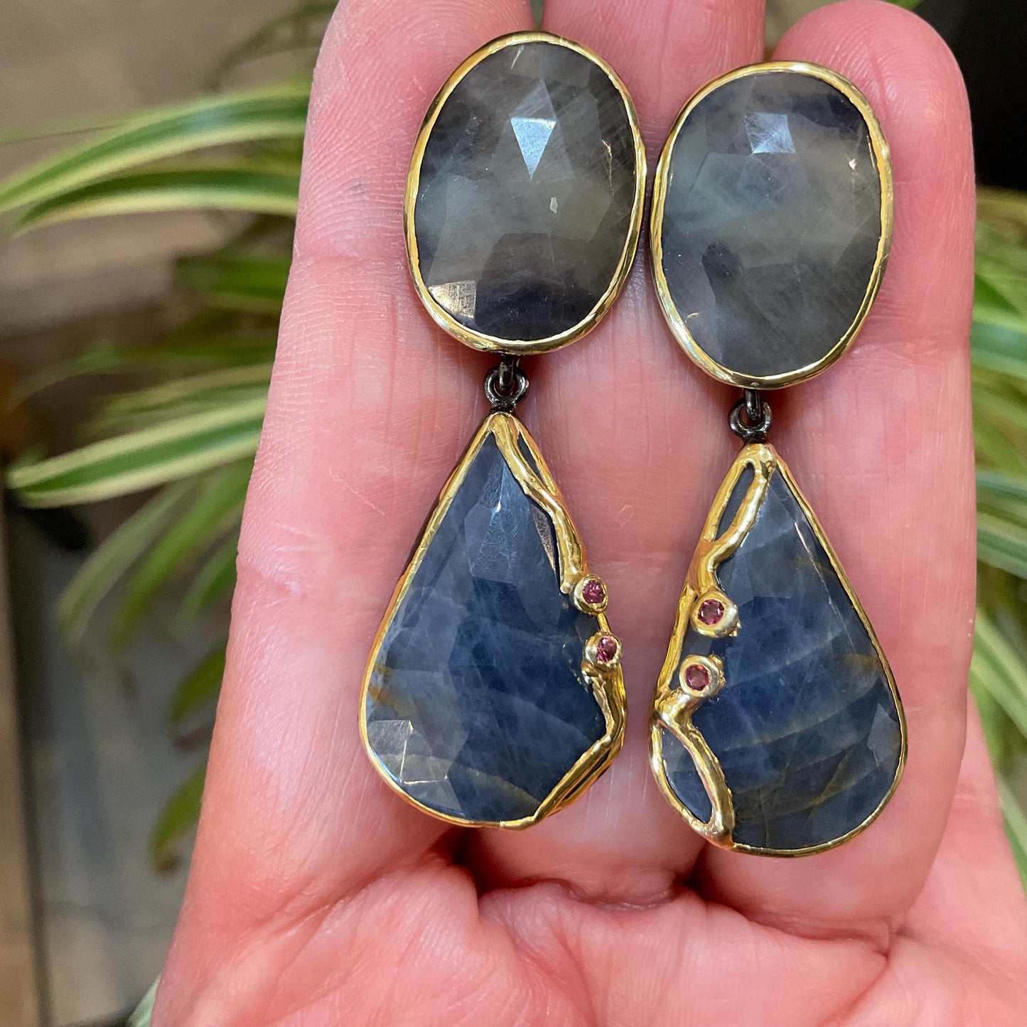 sterling silver statement natural sapphire rhodolite  dangle earrings