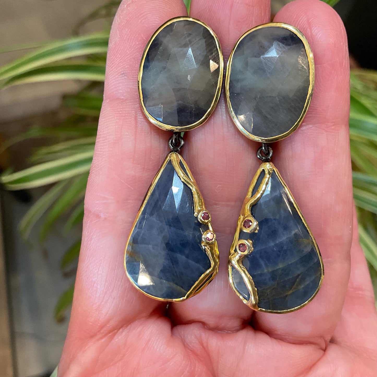 sterling silver statement natural sapphire rhodolite  dangle earrings