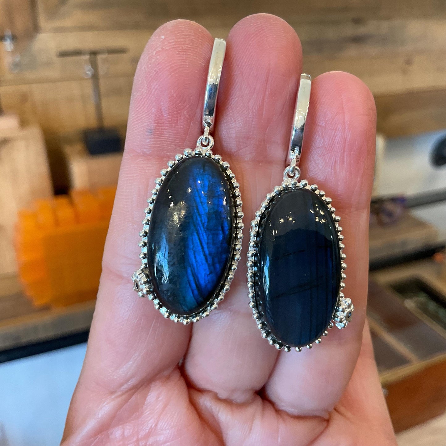 Sterling Silver labradorite dangle oval shape sapphire earrings