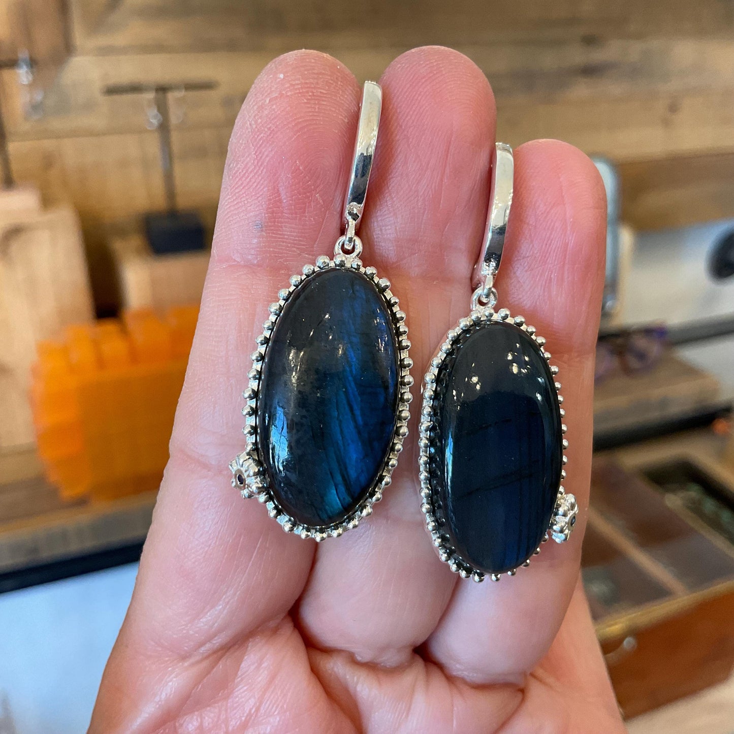 Sterling Silver labradorite dangle oval shape sapphire earrings