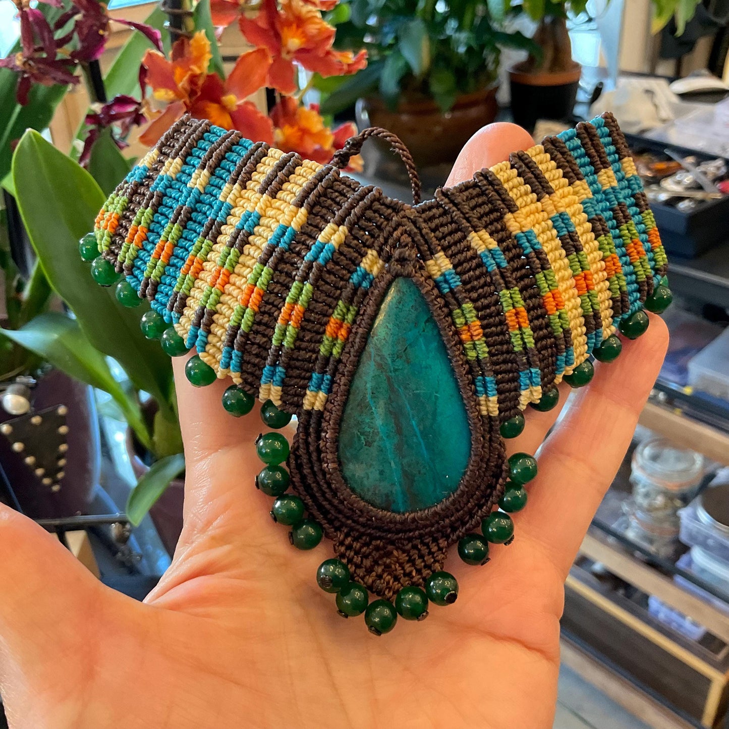Handmade macrame necklace and Chrysocolla Artisan Choker