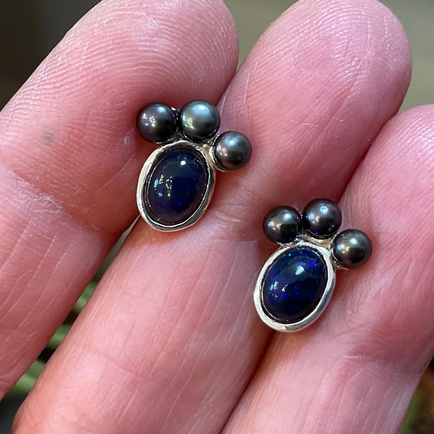 sterling silver rainbow natural opal black pearl Etnika Stud earrings