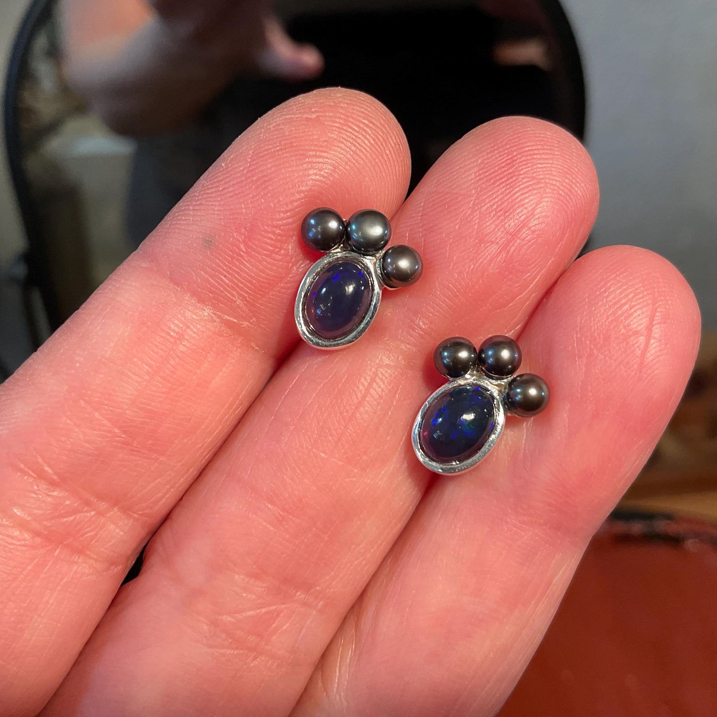 sterling silver rainbow natural opal black pearl Etnika Stud earrings