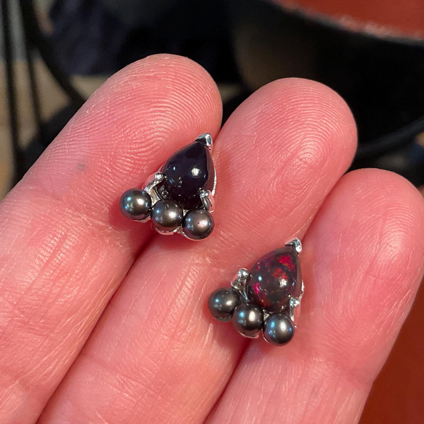 sterling silver rainbow natural pearl shape opal black pearl Etnika Stud earrings