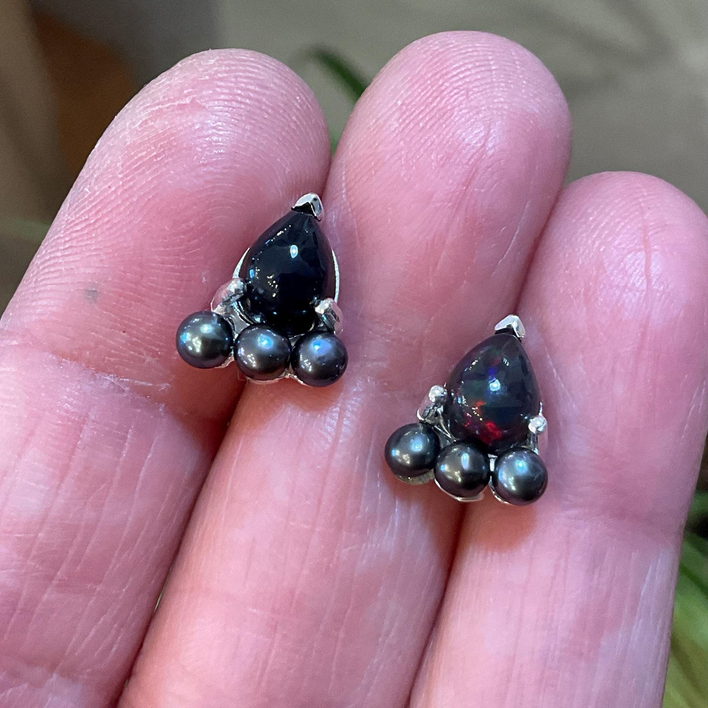 sterling silver rainbow natural pearl shape opal black pearl Etnika Stud earrings