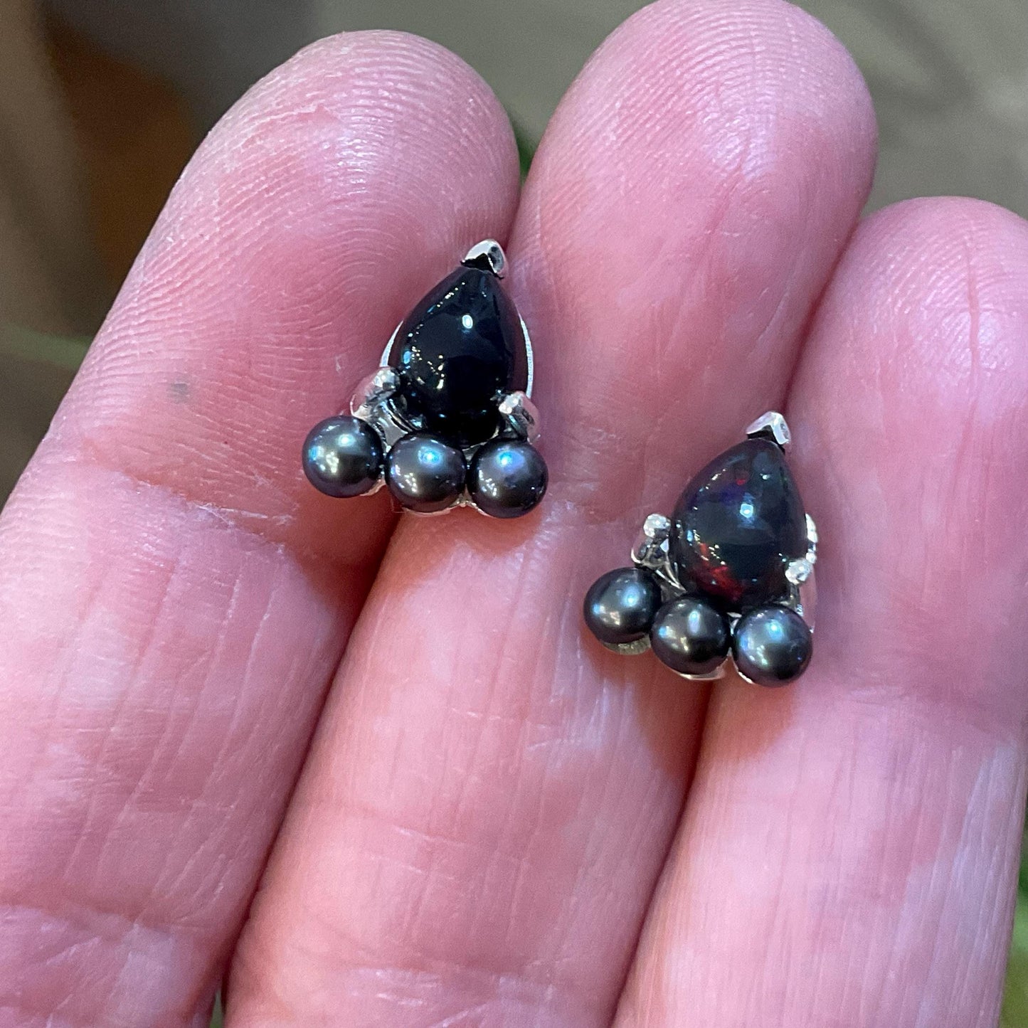 sterling silver rainbow natural pearl shape opal black pearl Etnika Stud earrings