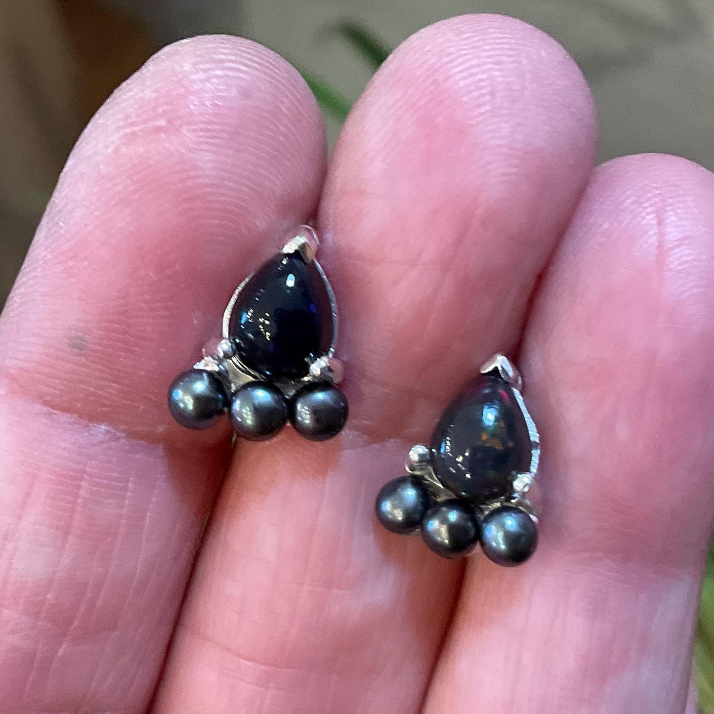 sterling silver rainbow natural pearl shape opal black pearl Etnika Stud earrings