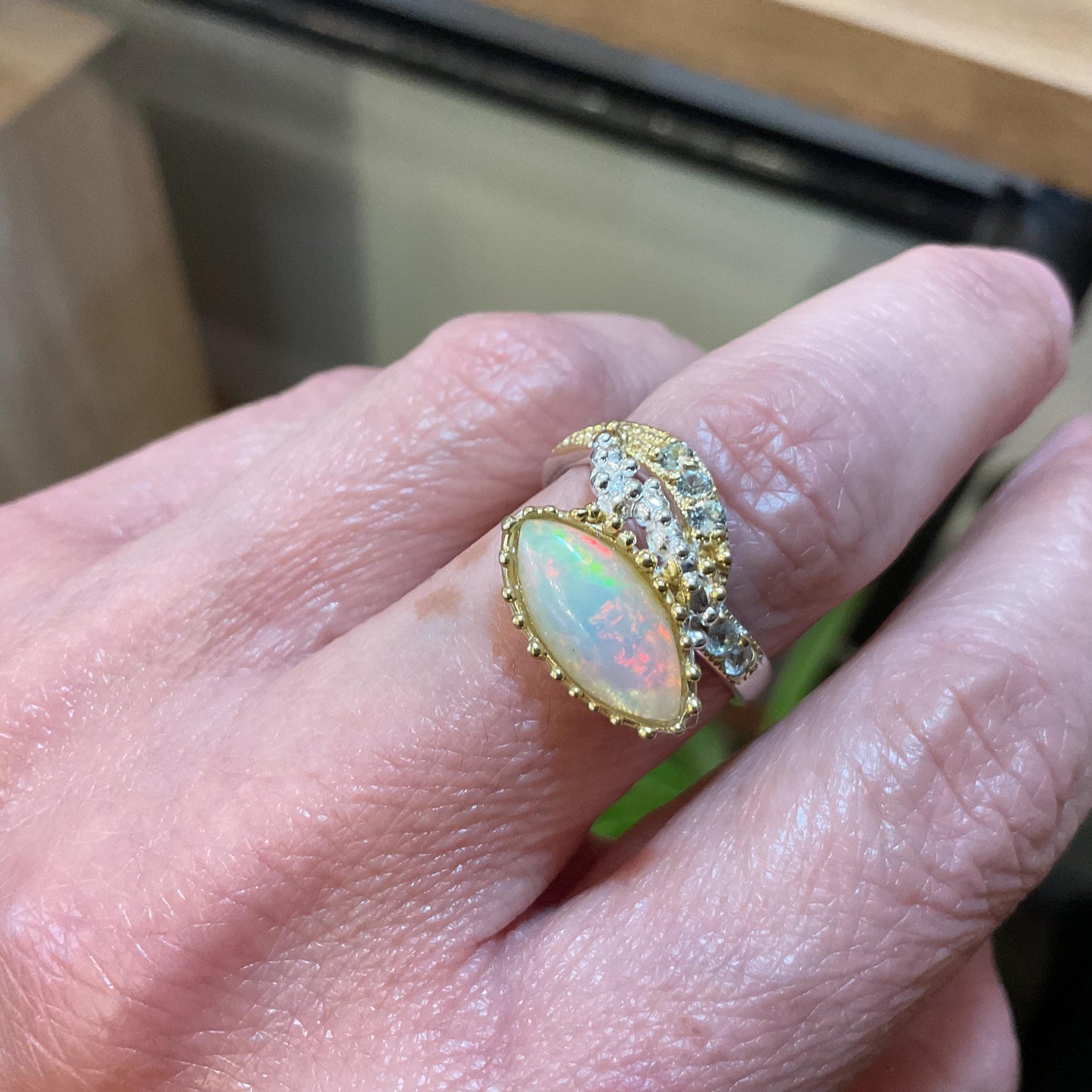 sterling silver natural rainbow opal marquis topaz  Etnika ring 8