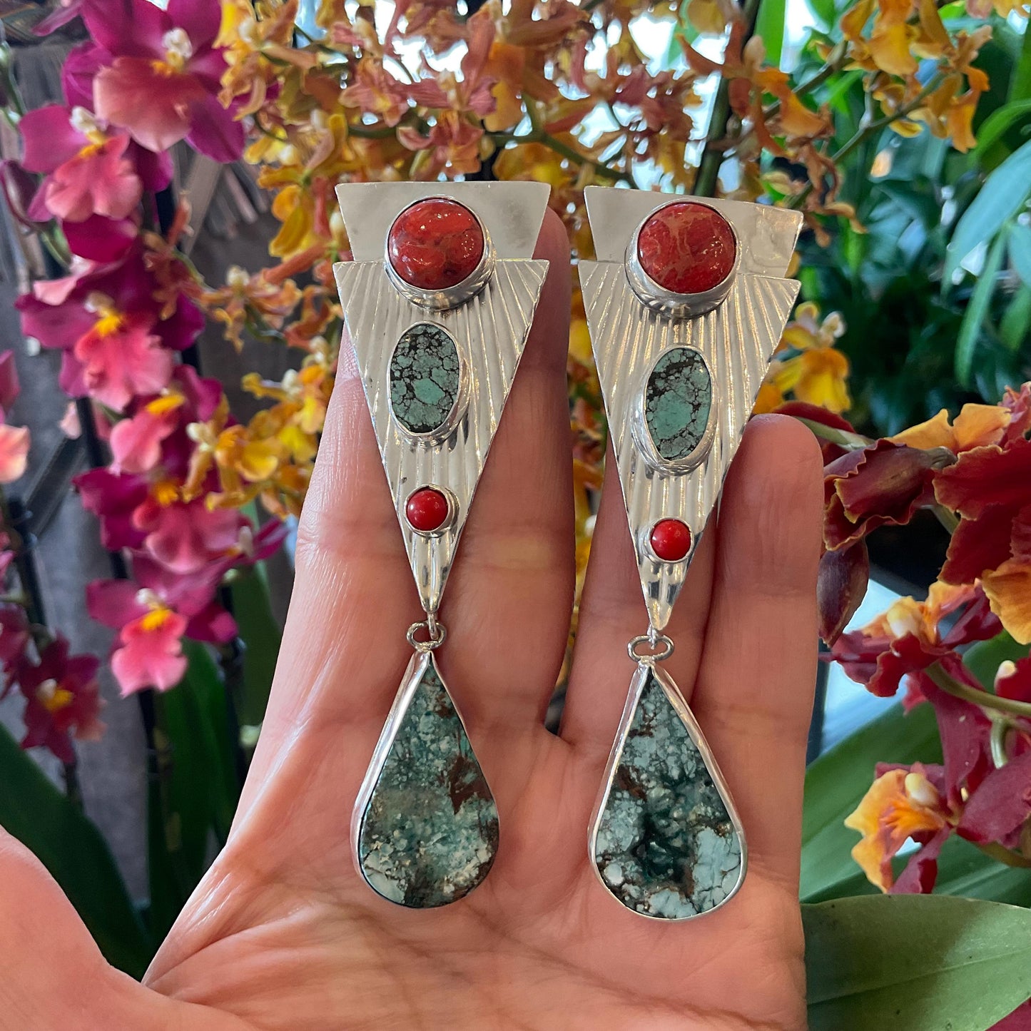 Sterling Silver turquoise coral art deco 3.5”  long dangle earrings