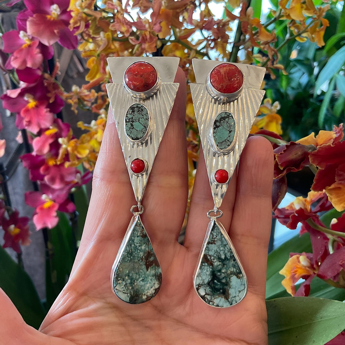 Sterling Silver turquoise coral art deco 3.5”  long dangle earrings