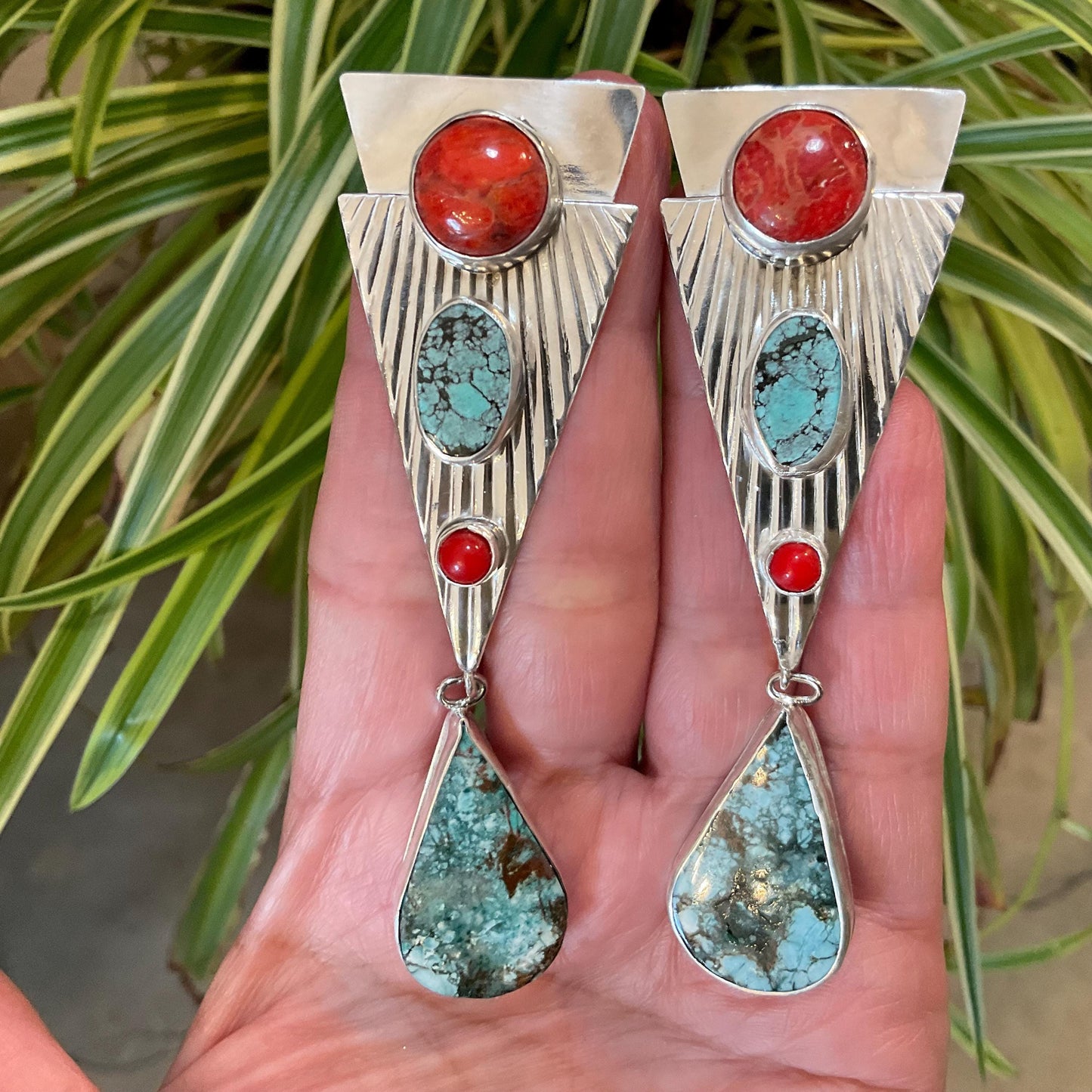 Sterling Silver turquoise coral art deco 3.5”  long dangle earrings
