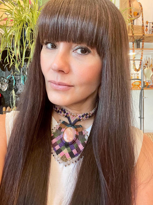 Handmade macrame necklace and rose quartz pink Artisan Choker