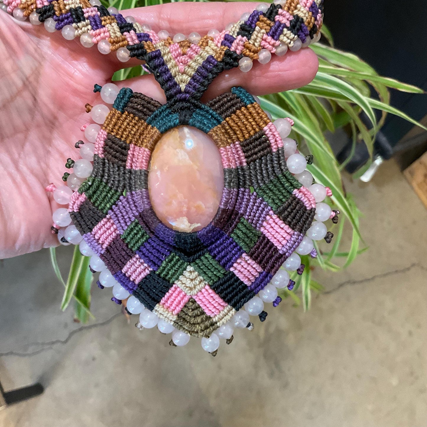 Handmade macrame necklace and rose quartz pink Artisan Choker