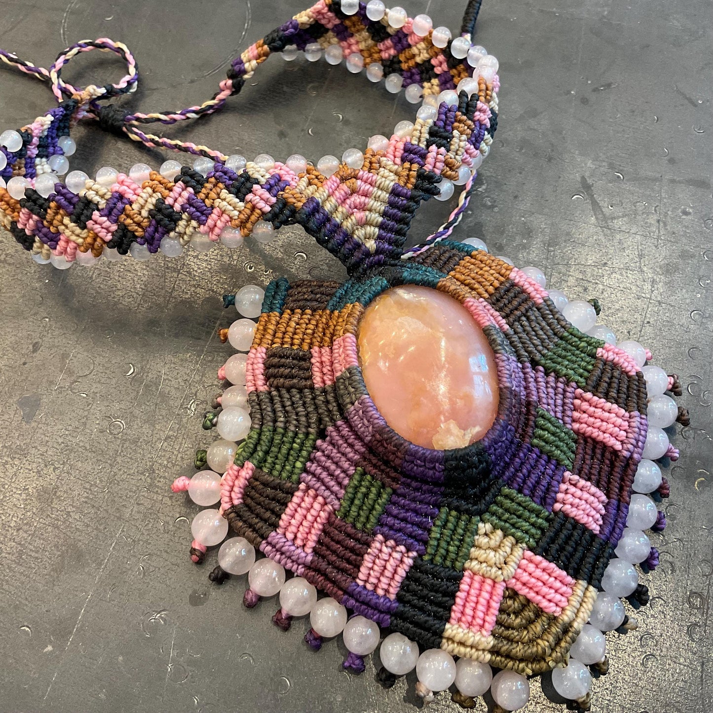 Handmade macrame necklace and rose quartz pink Artisan Choker
