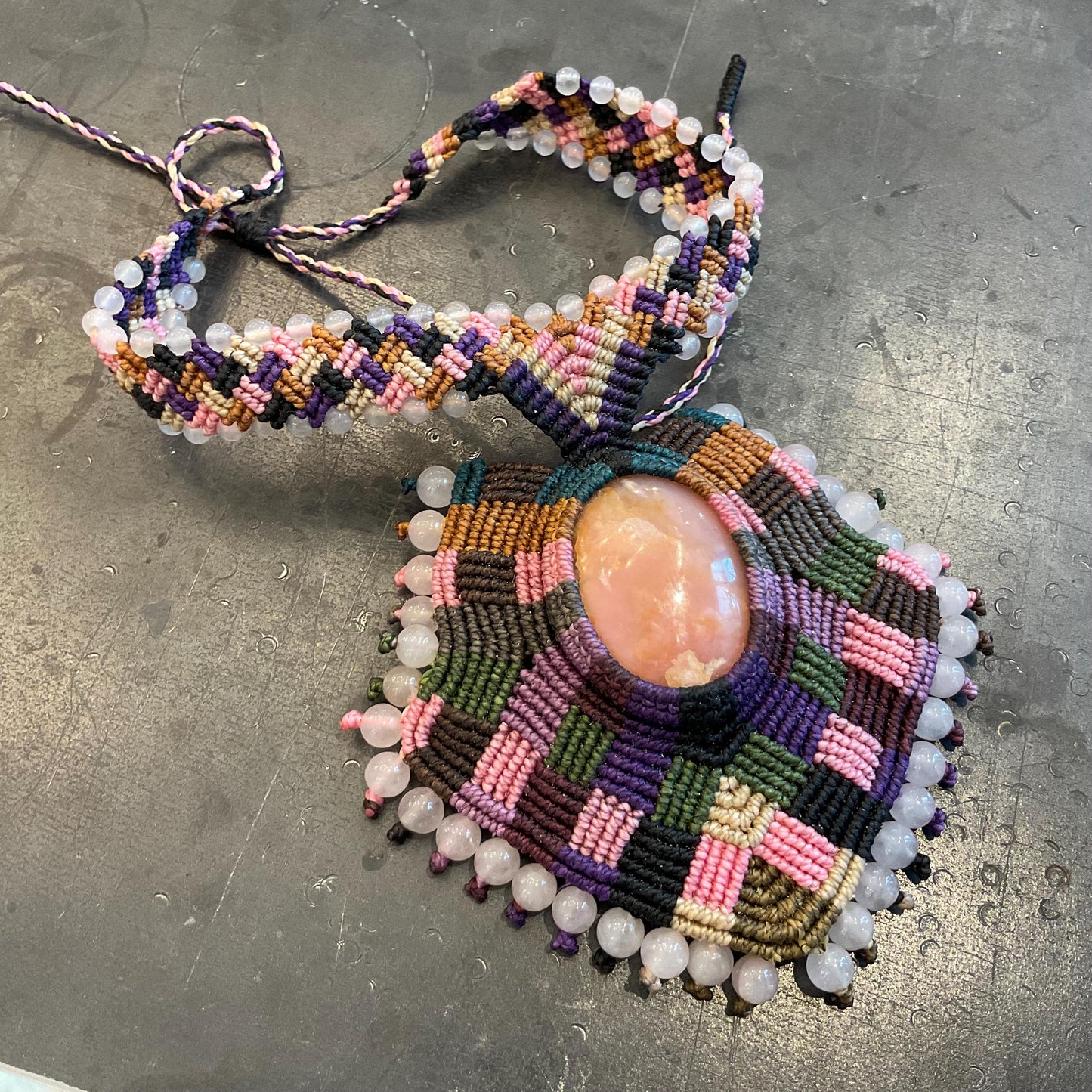 Handmade macrame necklace and rose quartz pink Artisan Choker
