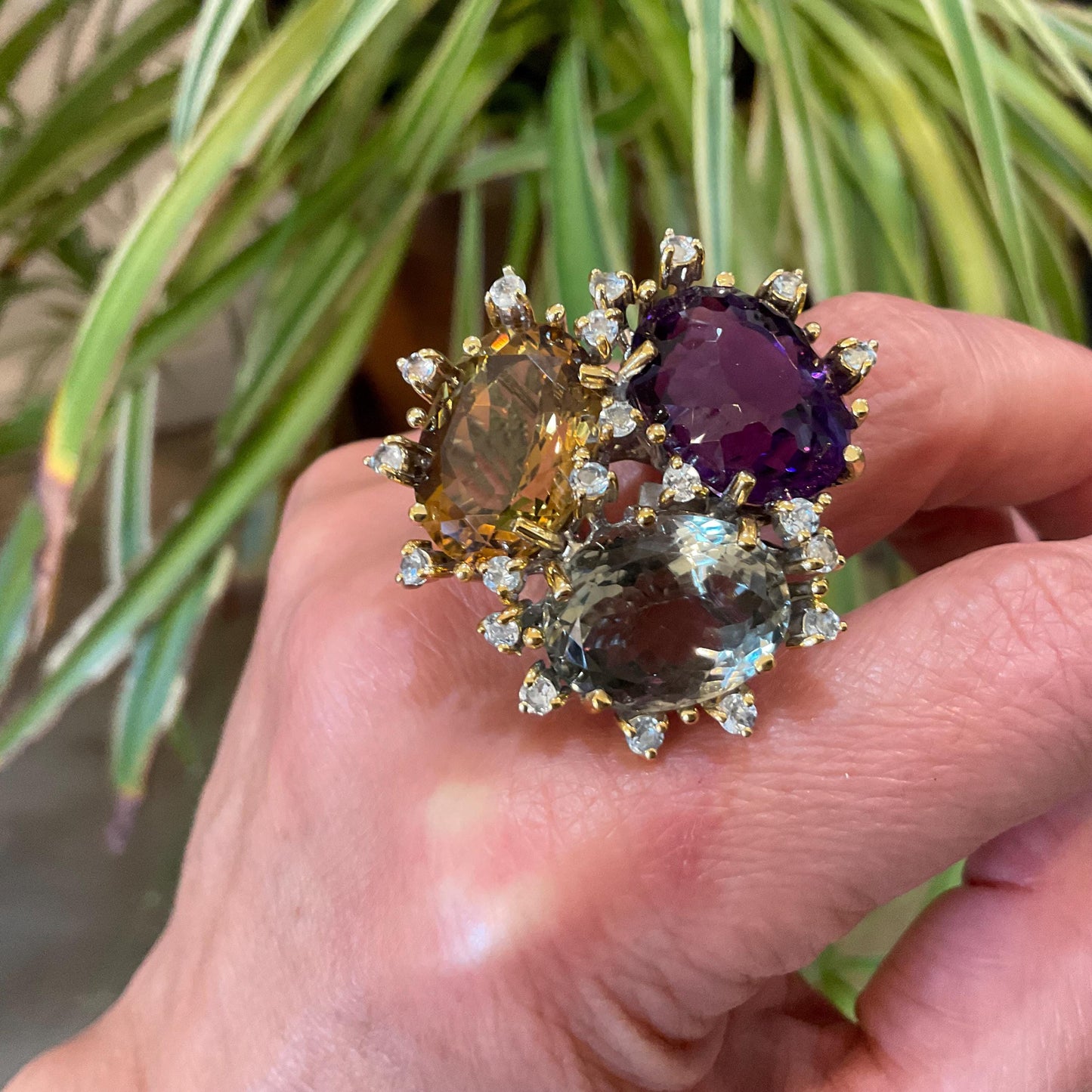 sterling Silver amethyst citrine white topaz statement Ring 9