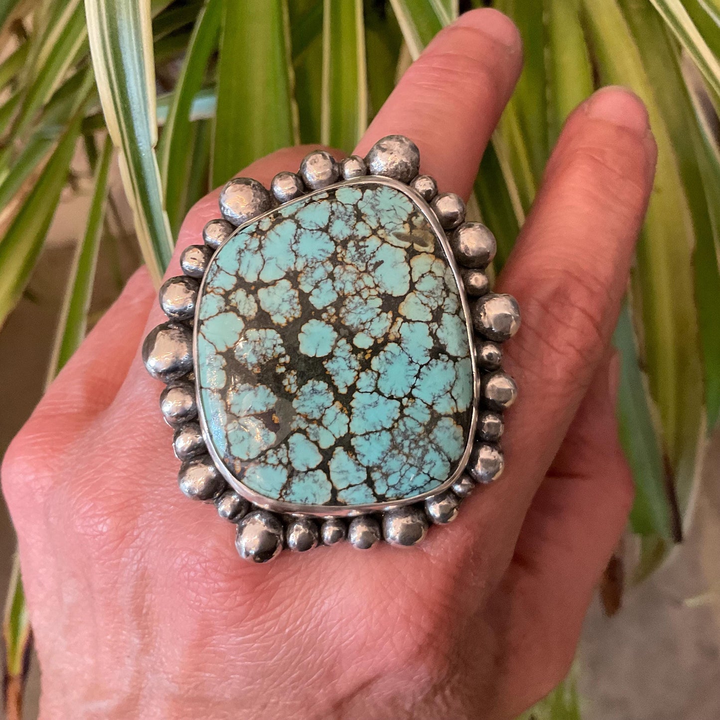 Sterling Statement spider web turquoise huge adjustable brutalist art cuff ring