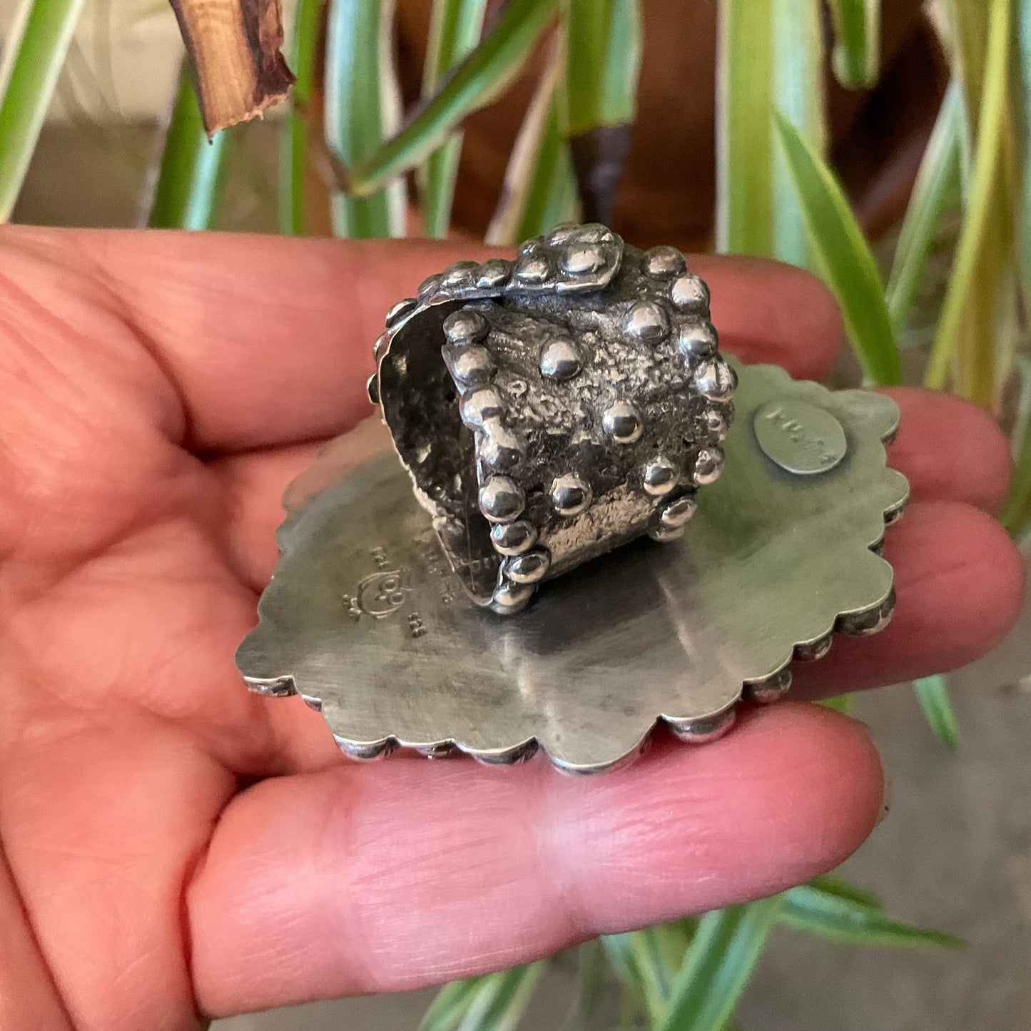 Sterling Statement spider web turquoise huge adjustable brutalist art cuff ring